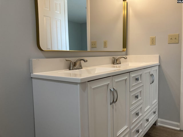 bathroom featuring a sink, baseboards, double vanity, and wood finished floors