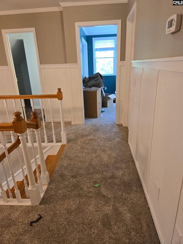 hallway with ornamental molding, a decorative wall, and a wainscoted wall