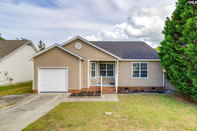 ranch-style house featuring a shingled roof, a garage, a front yard, crawl space, and driveway