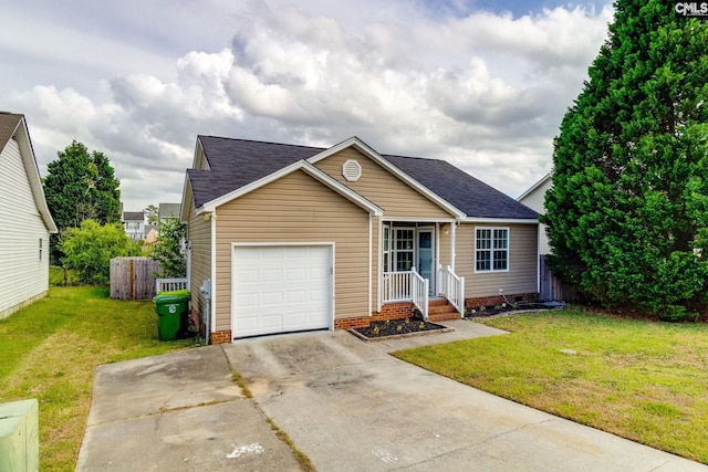 ranch-style home with an attached garage, a shingled roof, driveway, and a front yard