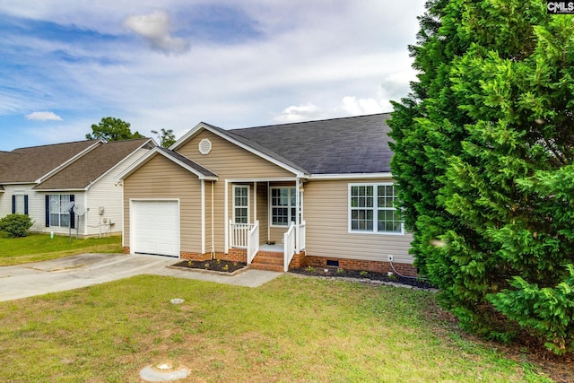 ranch-style home with a porch, driveway, a front yard, an attached garage, and a shingled roof