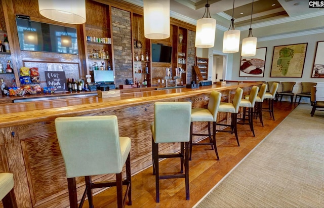 bar featuring decorative light fixtures, a dry bar, ornamental molding, and wood finished floors