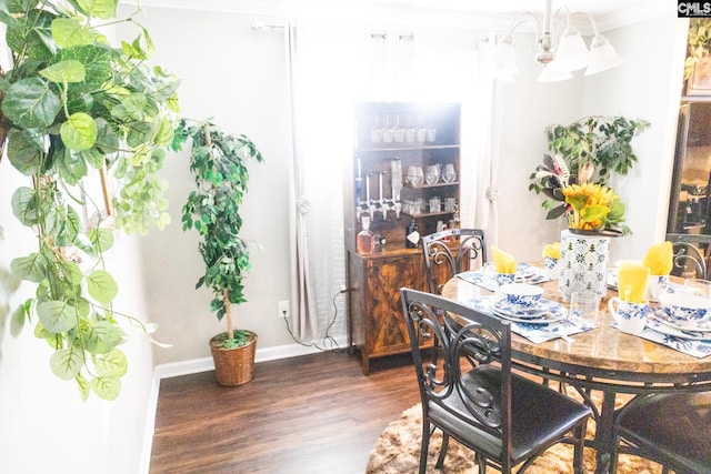 dining area featuring baseboards, ornamental molding, wood finished floors, and a chandelier