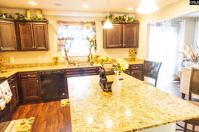 kitchen with light stone countertops, dark wood-style floors, and dishwasher
