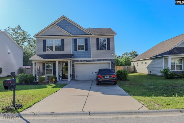 view of front of home with a porch, a garage, fence, a front lawn, and concrete driveway