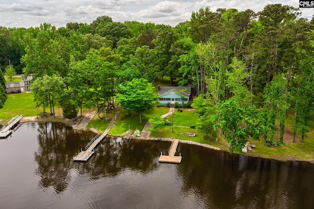 drone / aerial view with a water view
