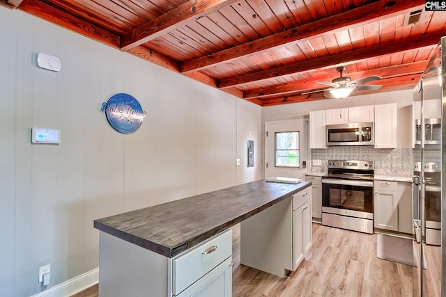 kitchen with beamed ceiling, light wood-style floors, a center island, wooden ceiling, and appliances with stainless steel finishes