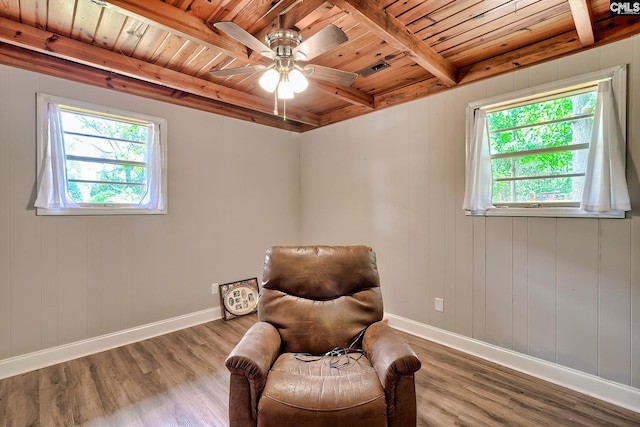 sitting room featuring a ceiling fan, baseboards, wooden ceiling, wood finished floors, and beamed ceiling