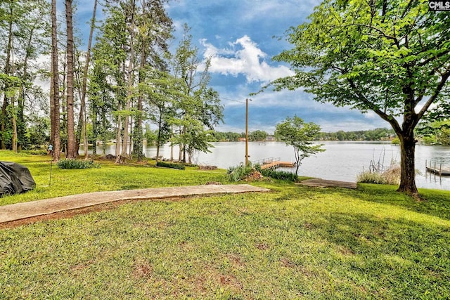 view of yard featuring a water view and a boat dock