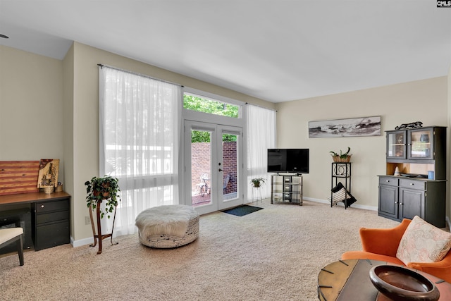 living room featuring baseboards, french doors, and carpet