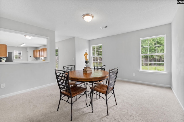 dining area with light colored carpet, baseboards, visible vents, and a wealth of natural light