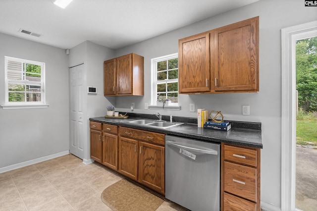 kitchen featuring stainless steel dishwasher, dark countertops, visible vents, and a sink