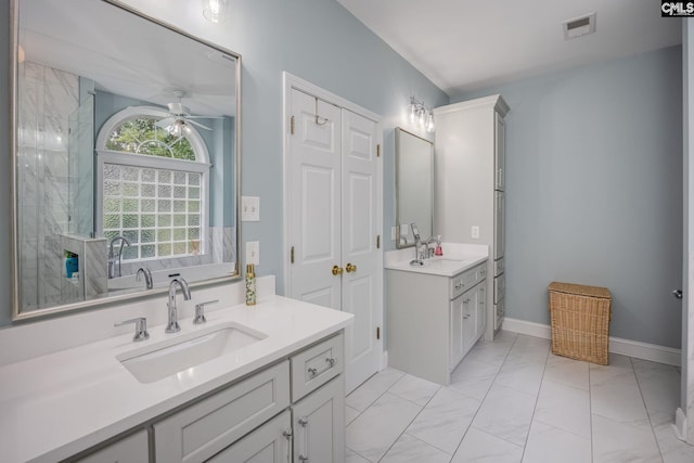 full bath featuring visible vents, a sink, marble finish floor, and ceiling fan