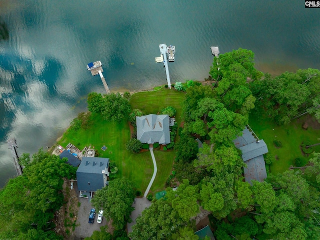 drone / aerial view featuring a water view