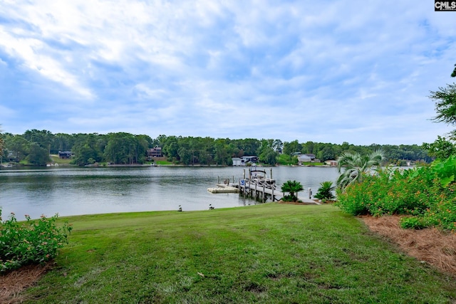 view of dock with a water view and a yard