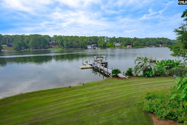 dock area with a lawn and a water view