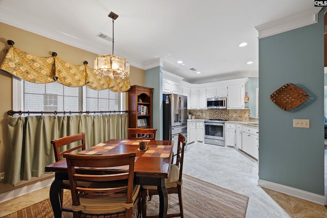 dining area with crown molding, recessed lighting, baseboards, and visible vents