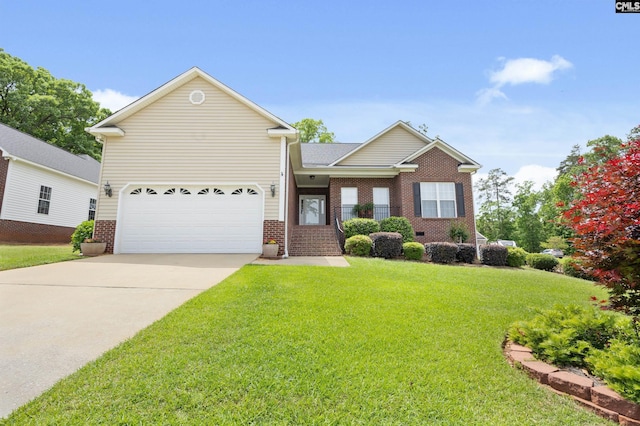 view of front of home featuring concrete driveway, brick siding, and a front yard