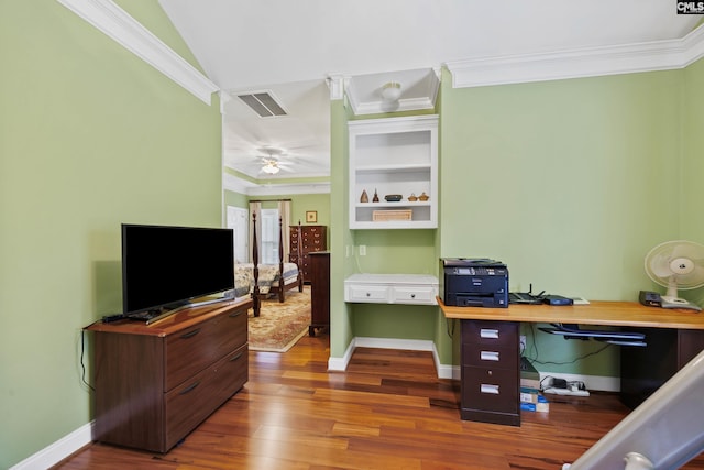 office with crown molding, baseboards, wood finished floors, and visible vents