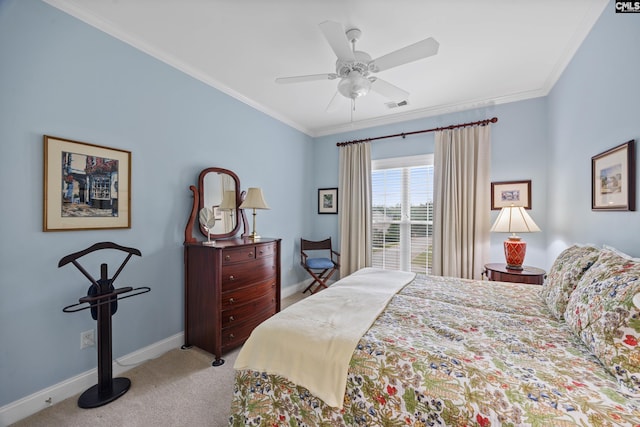 bedroom featuring carpet floors, baseboards, visible vents, and crown molding