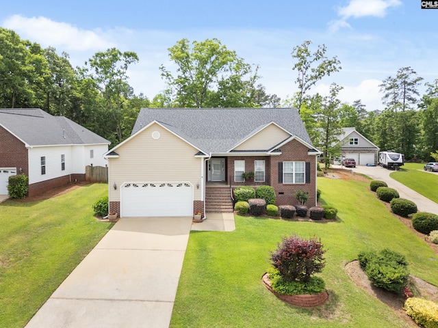 view of front of home featuring a garage, concrete driveway, a front lawn, and brick siding