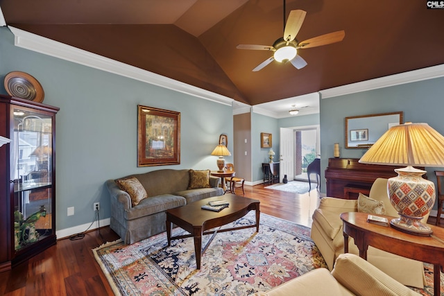 living area featuring ceiling fan, vaulted ceiling, ornamental molding, and wood finished floors