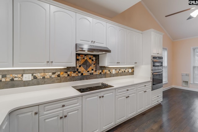kitchen with dark wood-style flooring, tasteful backsplash, black electric cooktop, lofted ceiling, and under cabinet range hood