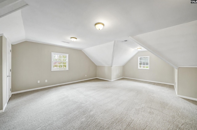 additional living space featuring baseboards, vaulted ceiling, and carpet