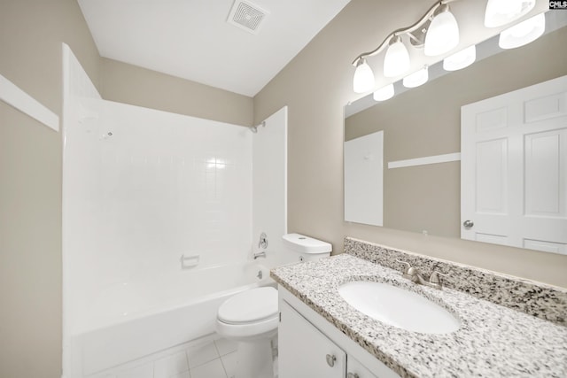 bathroom with toilet, visible vents, shower / washtub combination, and vanity