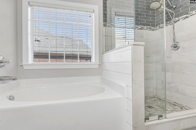 full bathroom with a shower stall, a wealth of natural light, and a bath
