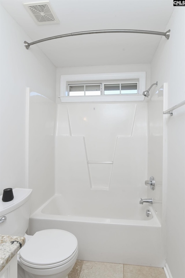 full bathroom featuring toilet, visible vents, shower / bathing tub combination, and vanity