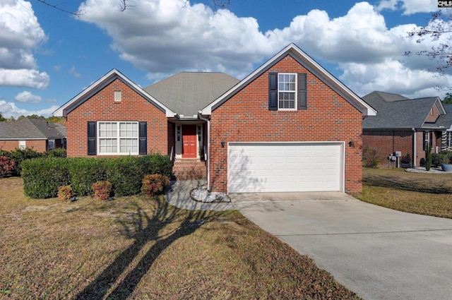 view of front facade featuring brick siding, a garage, a front yard, and concrete driveway