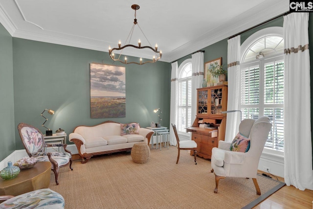 119 Ashley Trace Dr, Lexington, SC 29072 - living area featuring crown molding, an inviting chandelier, and a healthy amount of sunlight