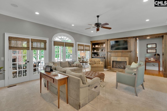119 Ashley Trace Dr, Lexington, SC 29072 - living room with ornamental molding, a ceiling fan, recessed lighting, and visible vents