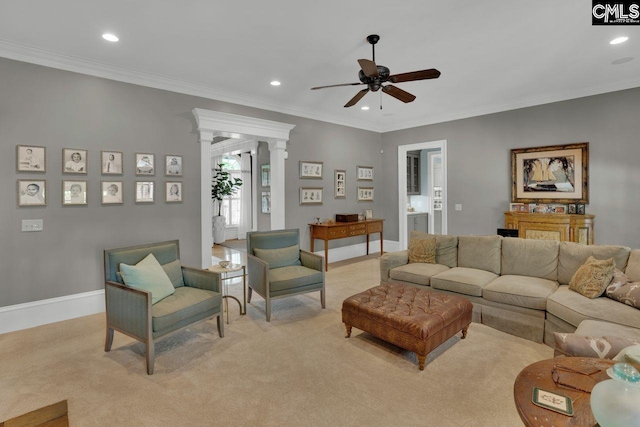 119 Ashley Trace Dr, Lexington, SC 29072 - living area with ornamental molding, light carpet, baseboards, recessed lighting, and a ceiling fan