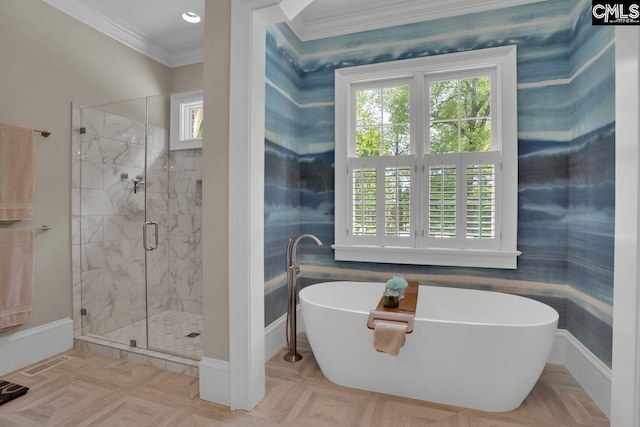 119 Ashley Trace Dr, Lexington, SC 29072 - bathroom with a freestanding tub, ornamental molding, baseboards, and a stall shower