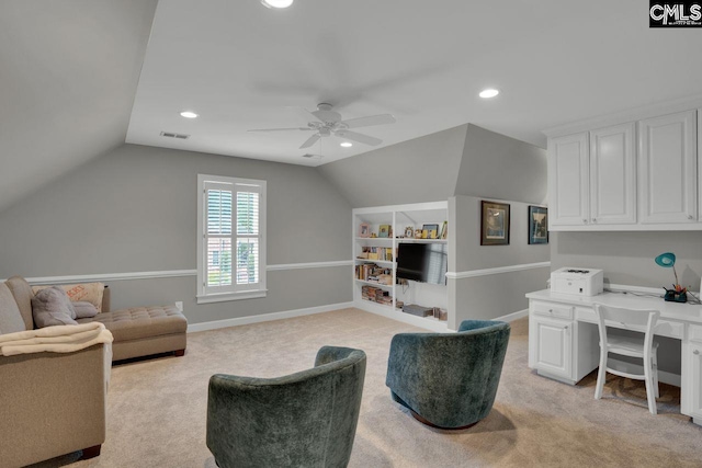 119 Ashley Trace Dr, Lexington, SC 29072 - office area featuring a ceiling fan, vaulted ceiling, and light carpet