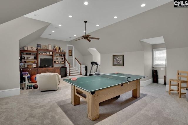 119 Ashley Trace Dr, Lexington, SC 29072 - game room with light carpet, baseboards, recessed lighting, a ceiling fan, and vaulted ceiling
