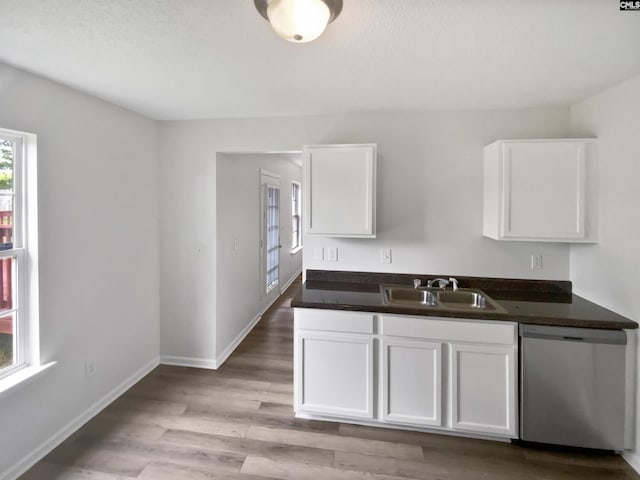 6 Sawdust Ct, Columbia, SC 29209 - kitchen featuring stainless steel dishwasher, a sink, white cabinets, and dark countertops