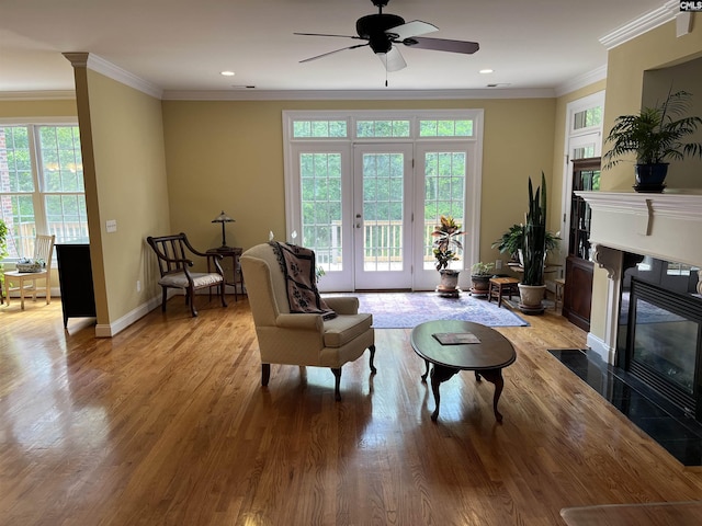 living area featuring crown molding, ceiling fan, baseboards, a fireplace with flush hearth, and wood finished floors