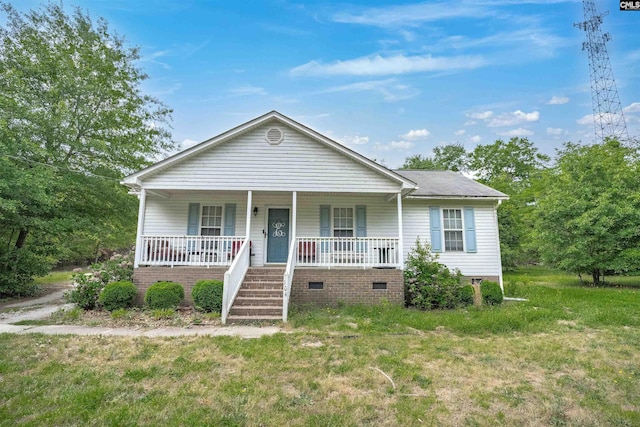 bungalow-style house featuring a porch, crawl space, a front yard, and stairway