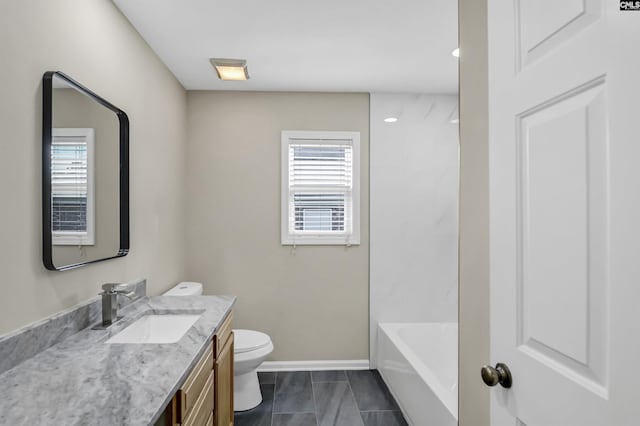 full bathroom featuring vanity, toilet, baseboards, a tub to relax in, and a shower