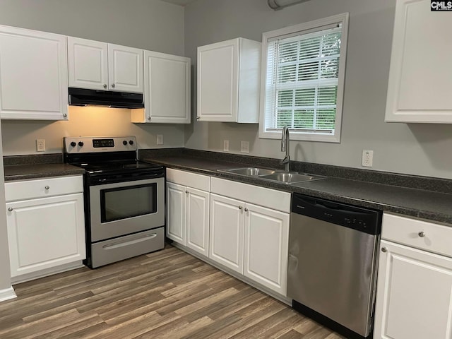 kitchen featuring a sink, stainless steel appliances, white cabinetry, and under cabinet range hood