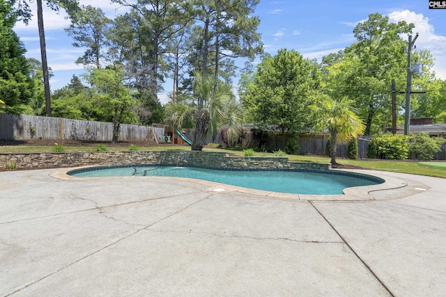 5904 Lakeshore Dr, Columbia, SC 29206 - view of pool featuring a playground, a fenced in pool, a fenced backyard, and a patio