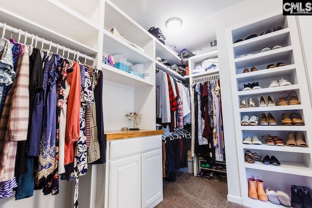walk in closet featuring dark carpet