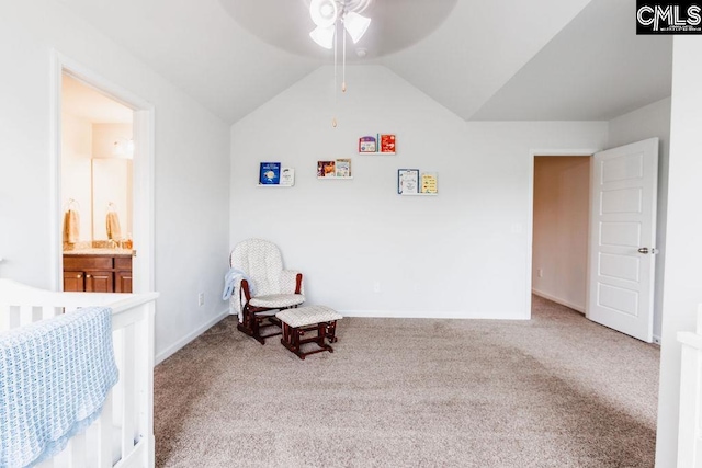 bedroom featuring baseboards, ceiling fan, carpet, and lofted ceiling