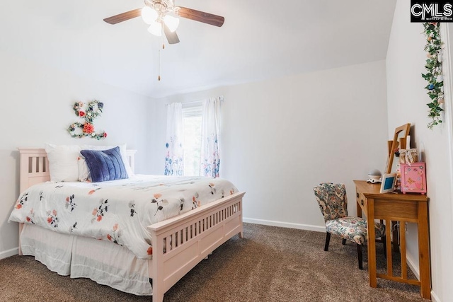 bedroom featuring carpet flooring, a ceiling fan, and baseboards