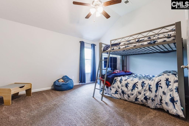 bedroom with a ceiling fan, visible vents, carpet floors, baseboards, and lofted ceiling