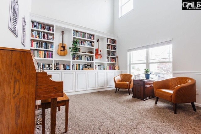 sitting room with carpet flooring and a towering ceiling