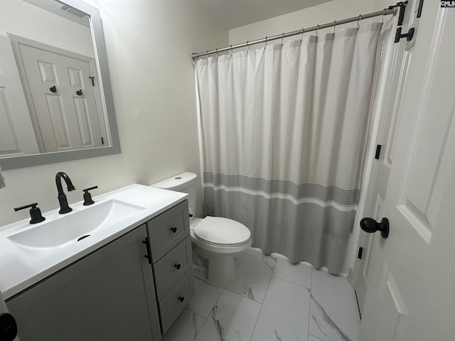 bathroom featuring vanity, marble finish floor, toilet, and a shower with curtain